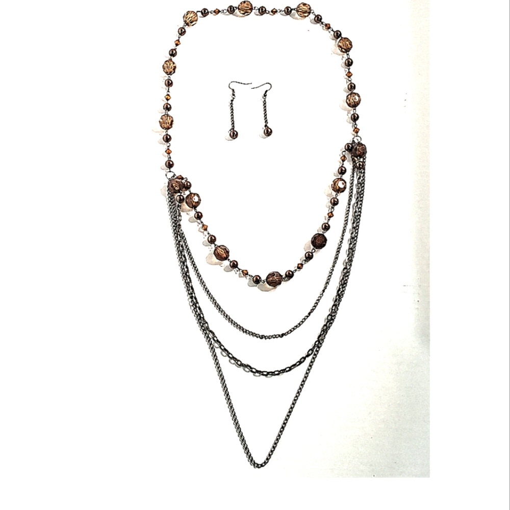 Fashion Jewelry Necklace Earrings Set Amber Brown Beads Gunmetal Multi Chain 17"